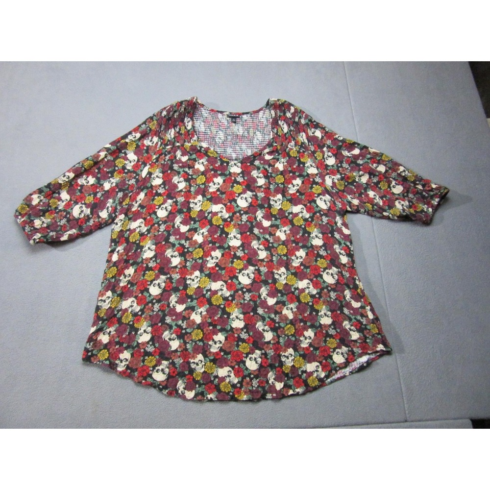 Torrid Blouse Womens 3X Red Skull Floral 3/4 Sleeve Stretch Tunic Babydoll Metal